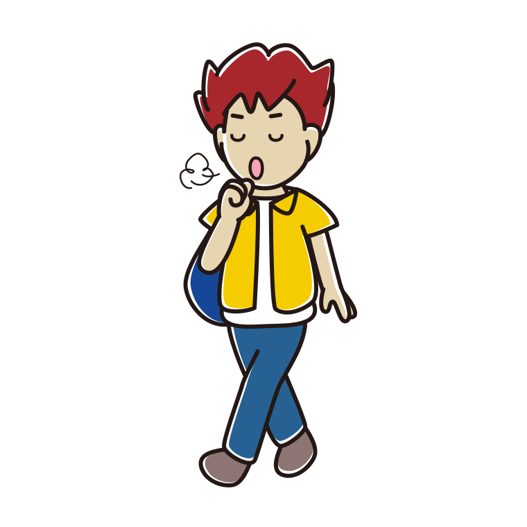 通学中に咳払いする男子大学生のイラスト【色あり、背景なし】透過PNG