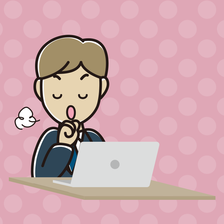 パソコンに咳払いする男性会社員のイラスト【色、背景あり】PNG