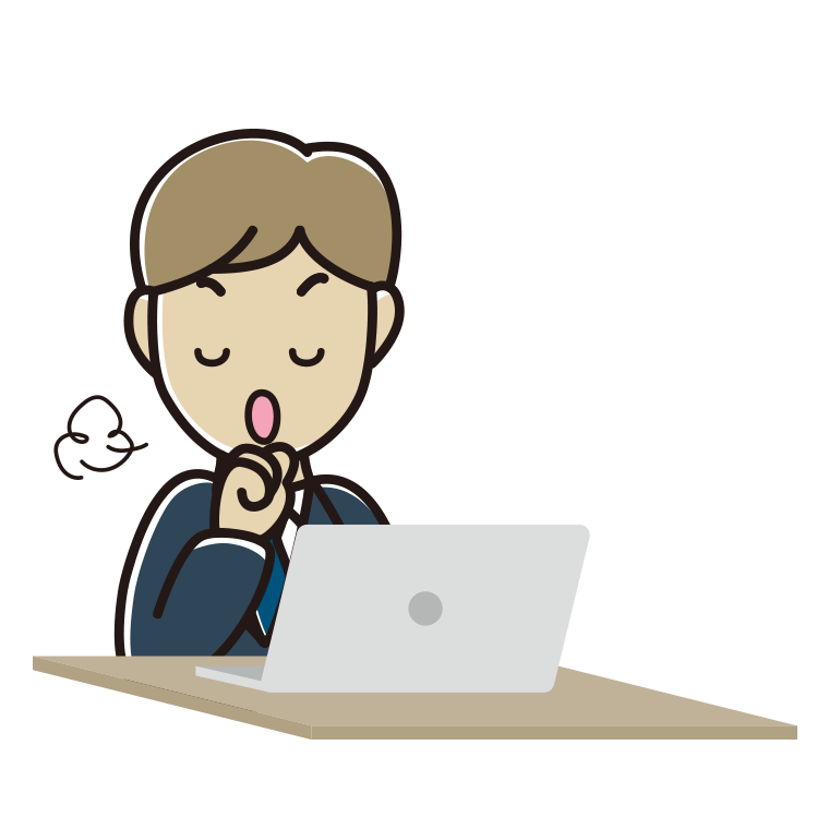 パソコンに咳払いする男性会社員のイラスト【色あり、背景なし】透過PNG