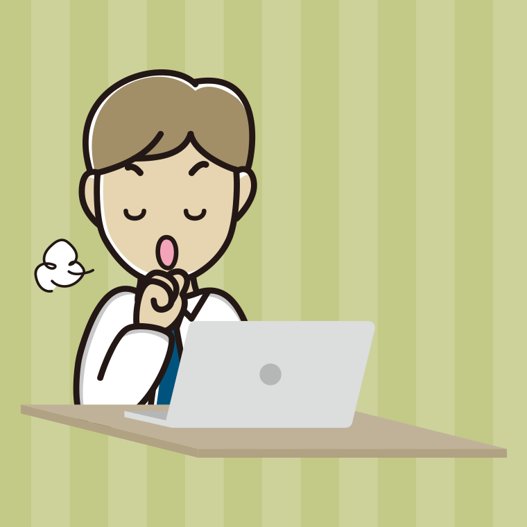 パソコンに咳払いする男性会社員（ワイシャツ）のイラスト【色、背景あり】PNG