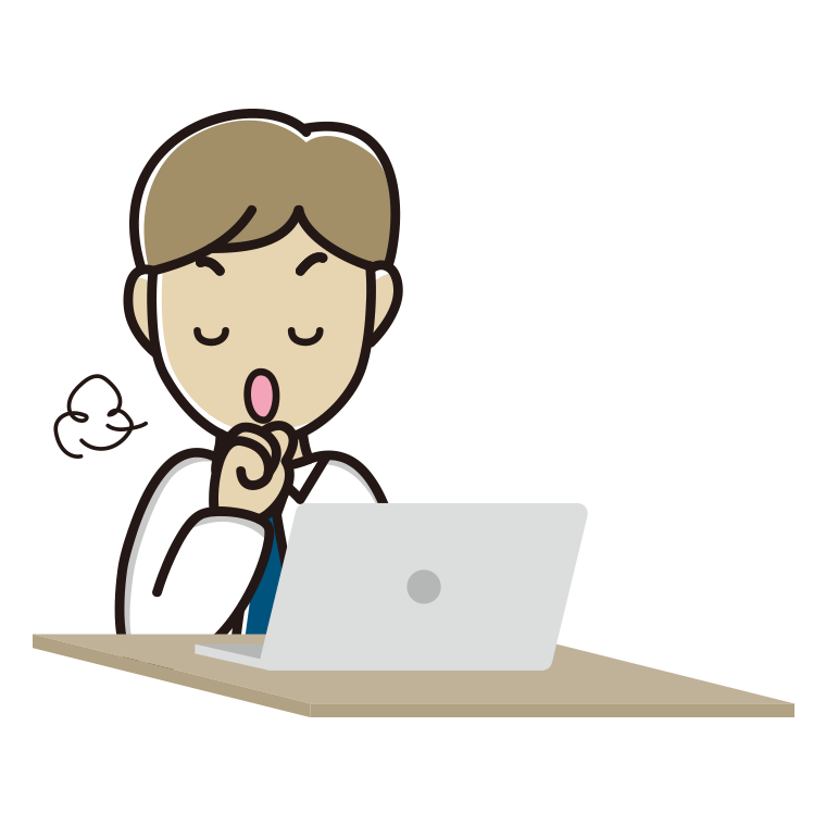 パソコンに咳払いする男性会社員（ワイシャツ）のイラスト【色あり、背景なし】透過PNG