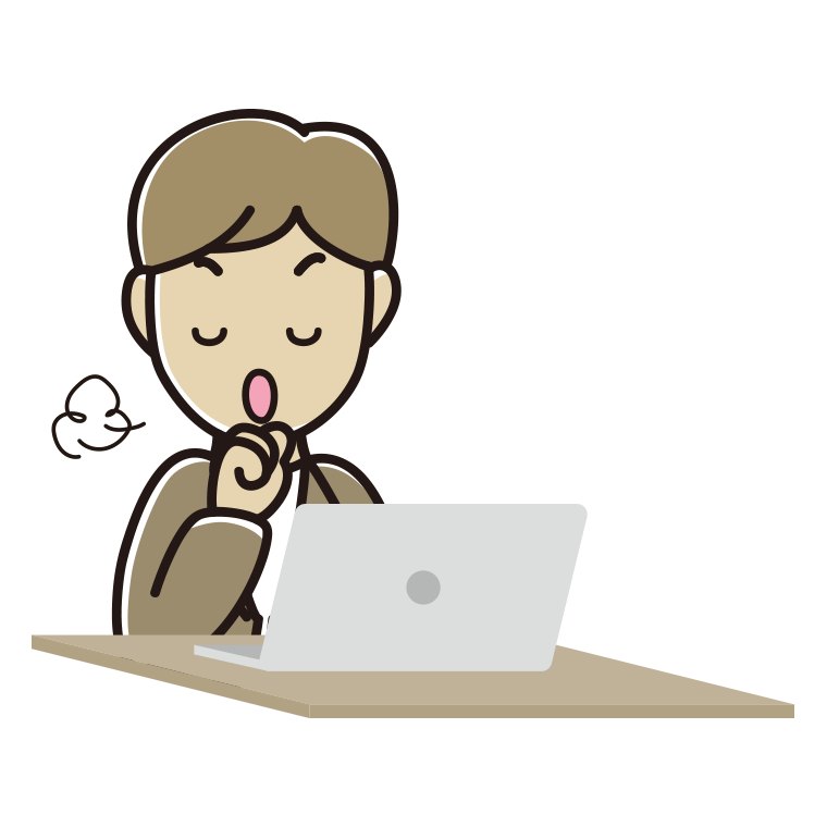 パソコンに咳払いする男性会社員（カジュアル）のイラスト【色あり、背景なし】透過PNG