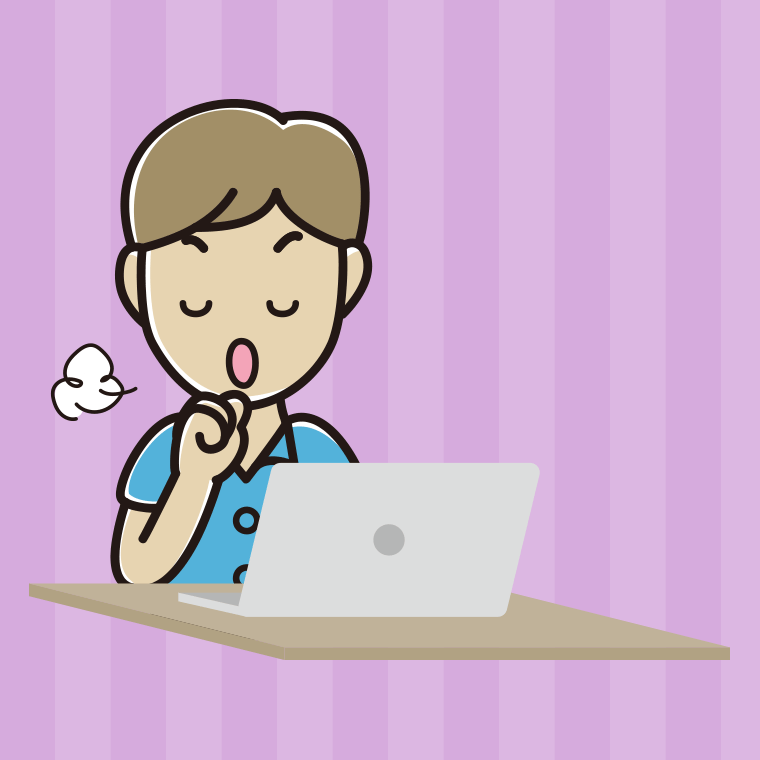 パソコンに咳払いする男性会社員（クールビズ）のイラスト【色、背景あり】PNG