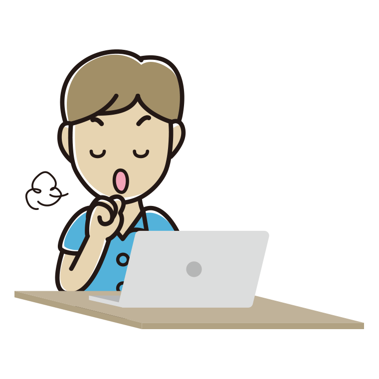 パソコンに咳払いする男性会社員（クールビズ）のイラスト【色あり、背景なし】透過PNG