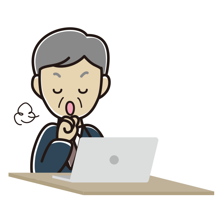 パソコンに咳払いする年配男性会社員のイラスト【色あり、背景なし】透過PNG