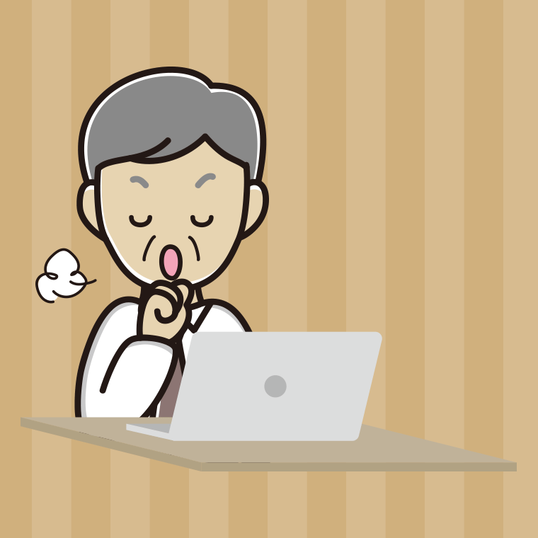 パソコンに咳払いする年配男性会社員（ワイシャツ）のイラスト【色、背景あり】PNG