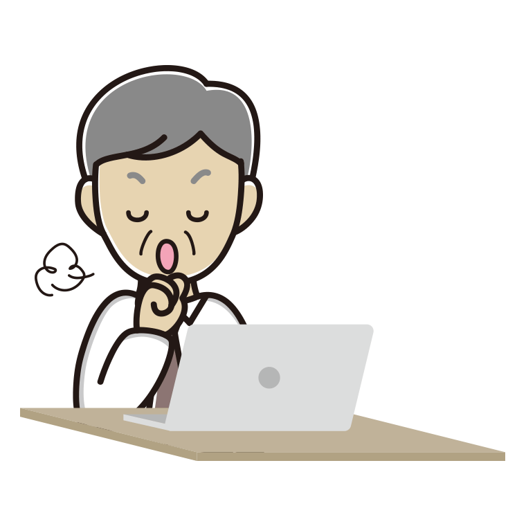 パソコンに咳払いする年配男性会社員（ワイシャツ）のイラスト【色あり、背景なし】透過PNG