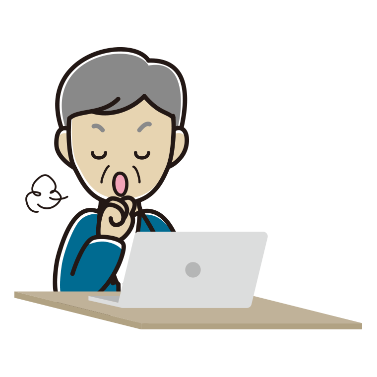 パソコンに咳払いする年配男性会社員（カジュアル）のイラスト【色あり、背景なし】透過PNG