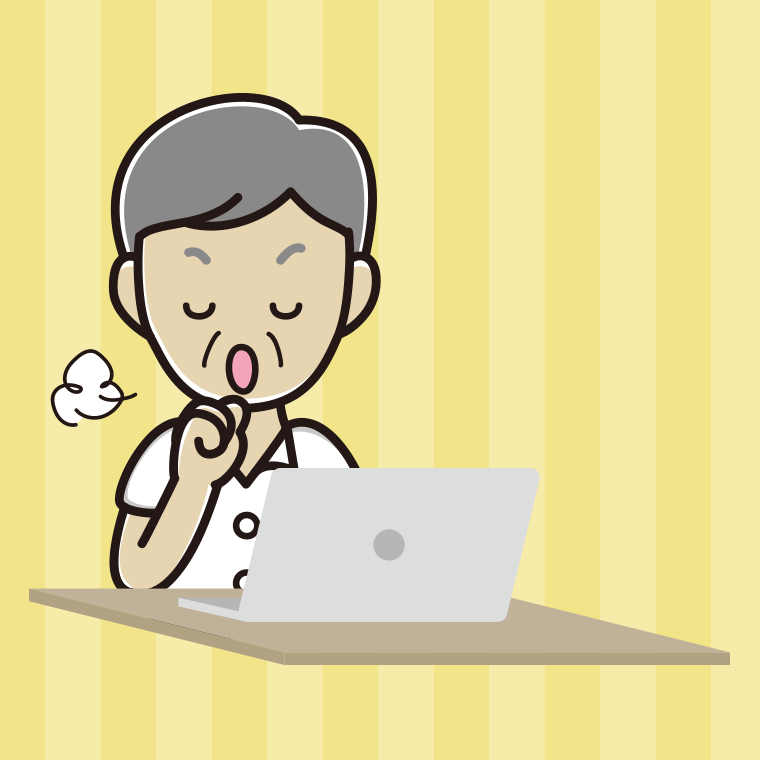 パソコンに咳払いする年配男性会社員（クールビズ）のイラスト【色、背景あり】PNG