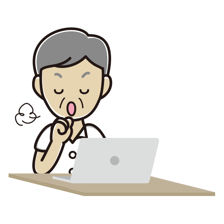 パソコンに咳払いする年配男性会社員（クールビズ）のイラスト【色あり、背景なし】透過PNG