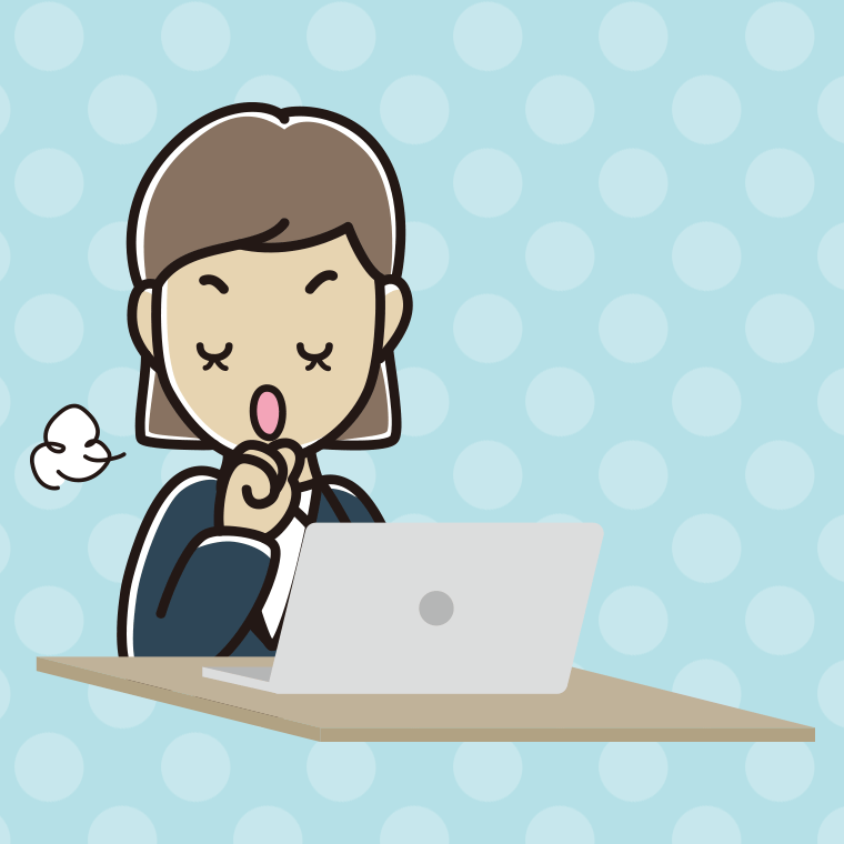 パソコンに咳払いする女性会社員のイラスト【色、背景あり】PNG