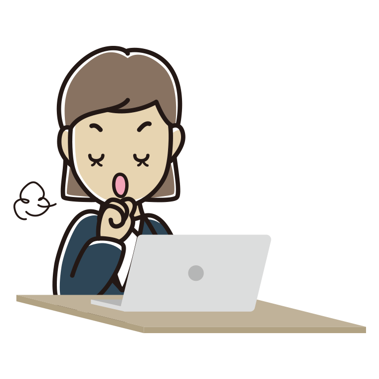 パソコンに咳払いする女性会社員のイラスト【色あり、背景なし】透過PNG