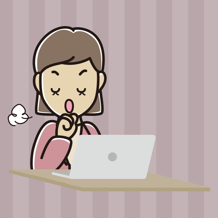 パソコンに咳払いする女性会社員（カジュアル）のイラスト【色、背景あり】PNG