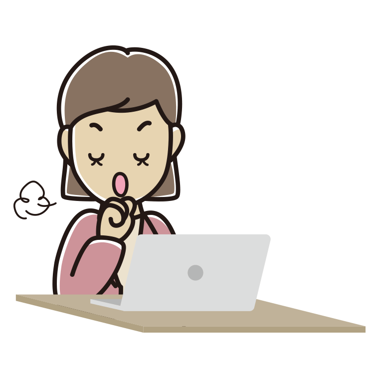 パソコンに咳払いする女性会社員（カジュアル）のイラスト【色あり、背景なし】透過PNG