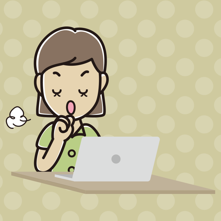 パソコンに咳払いする女性会社員（クールビズ）のイラスト【色、背景あり】PNG