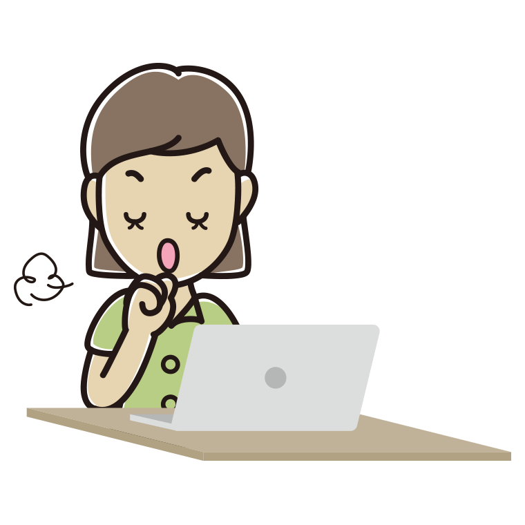 パソコンに咳払いする女性会社員（クールビズ）のイラスト【色あり、背景なし】透過PNG