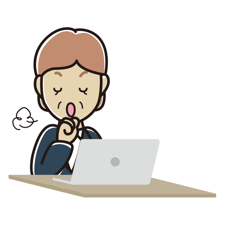 パソコンに咳払いする年配女性会社員のイラスト【色あり、背景なし】透過PNG
