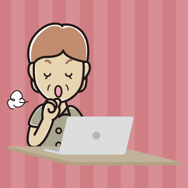 パソコンに咳払いする年配女性会社員（クールビズ）のイラスト【色、背景あり】PNG