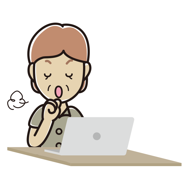 パソコンに咳払いする年配女性会社員（クールビズ）のイラスト【色あり、背景なし】透過PNG