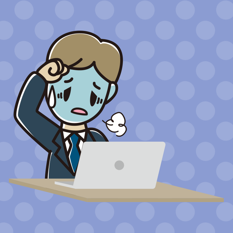 パソコン使用中に具合が悪い男性会社員のイラスト【色、背景あり】PNG