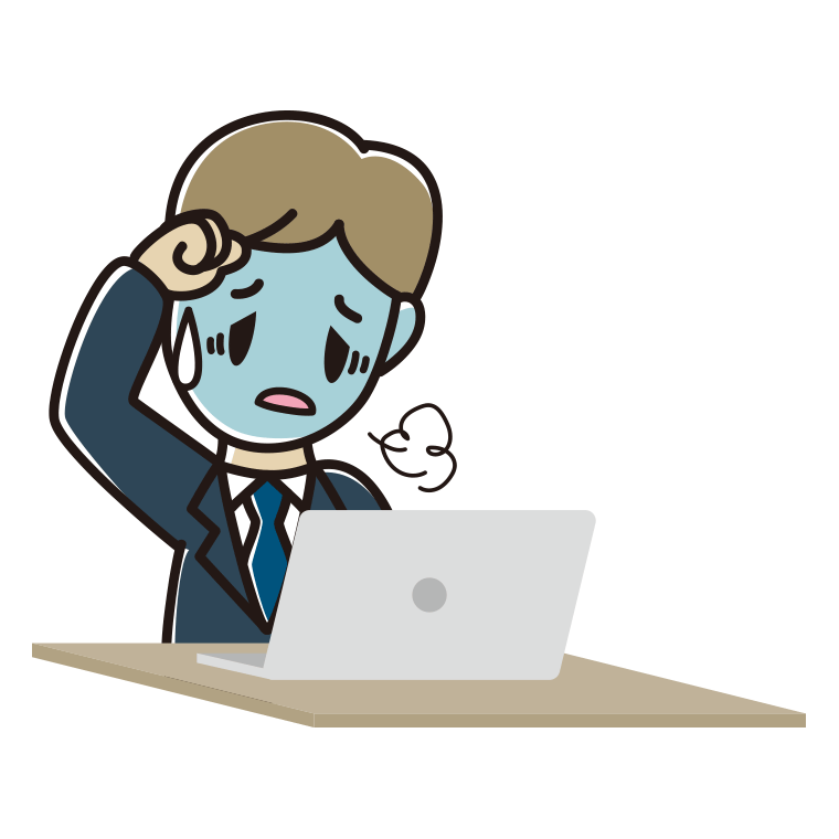 パソコン使用中に具合が悪い男性会社員のイラスト【色あり、背景なし】透過PNG