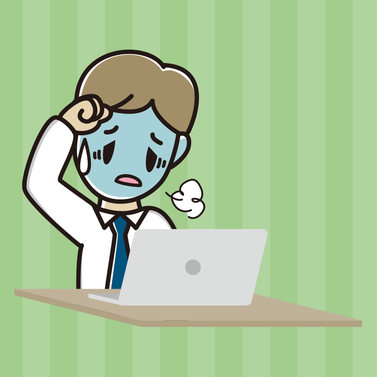 パソコン使用中に具合が悪い男性会社員（ワイシャツ）のイラスト【色、背景あり】PNG