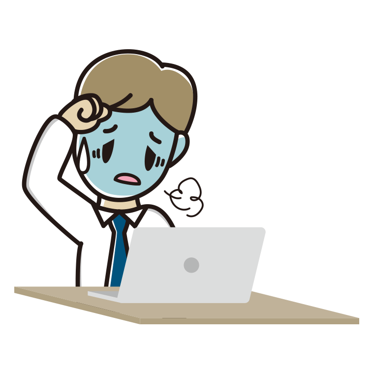 パソコン使用中に具合が悪い男性会社員（ワイシャツ）のイラスト【色あり、背景なし】透過PNG