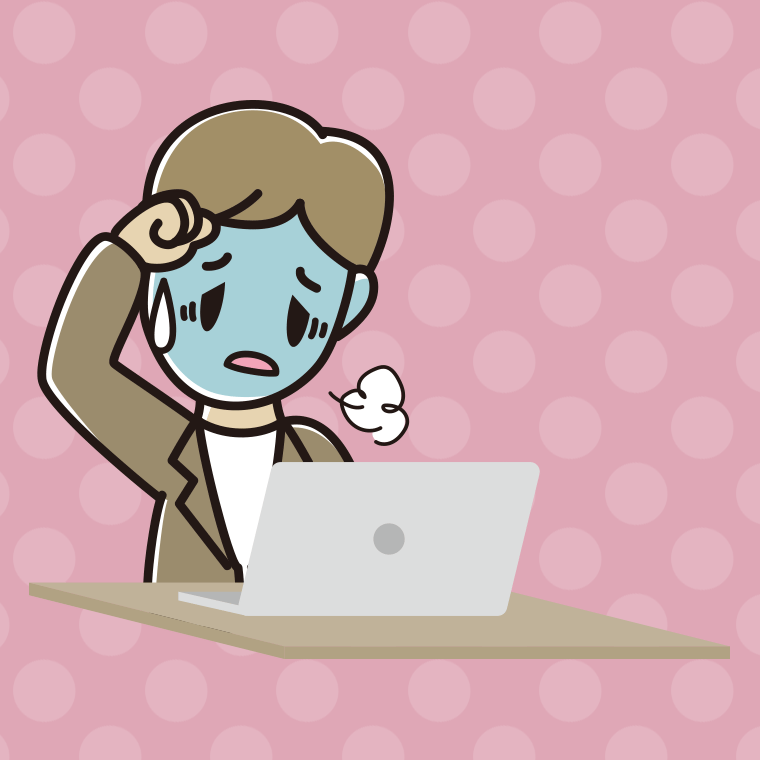 パソコン使用中に具合が悪い男性会社員（カジュアル）のイラスト【色、背景あり】PNG
