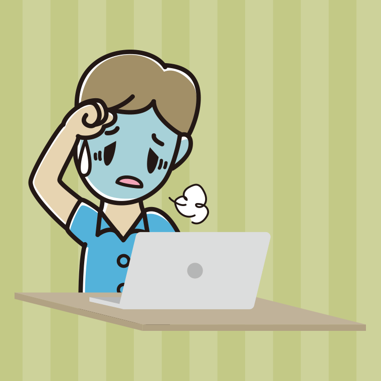 パソコン使用中に具合が悪い男性会社員（クールビズ）のイラスト【色、背景あり】PNG