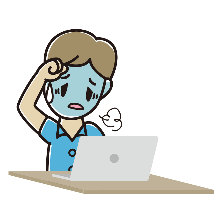パソコン使用中に具合が悪い男性会社員（クールビズ）のイラスト【色あり、背景なし】透過PNG