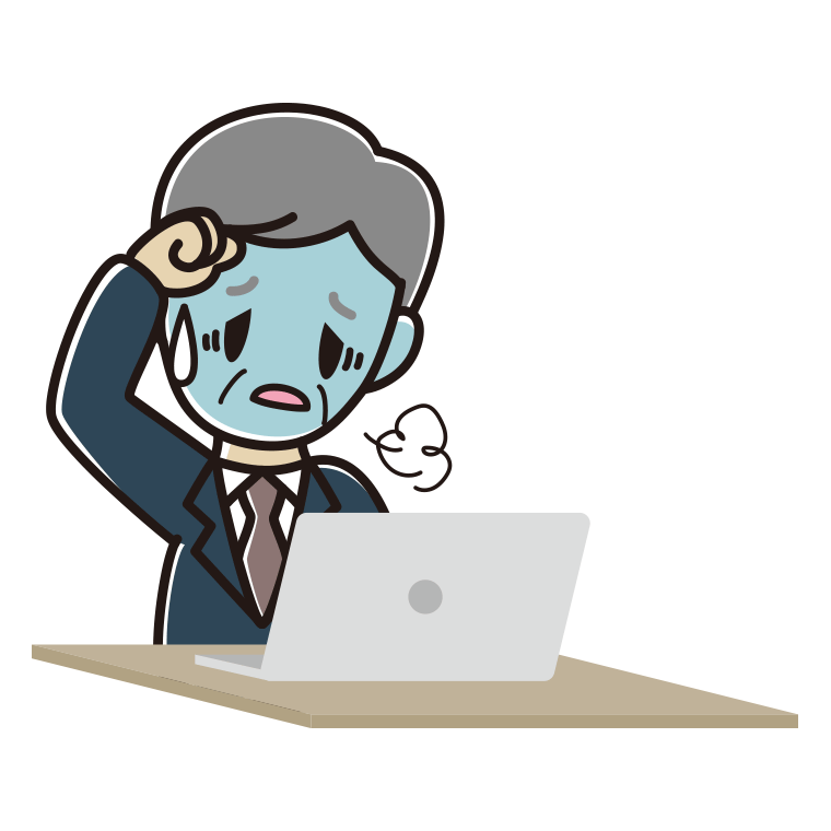 パソコン使用中に具合が悪い年配男性会社員のイラスト【色あり、背景なし】透過PNG