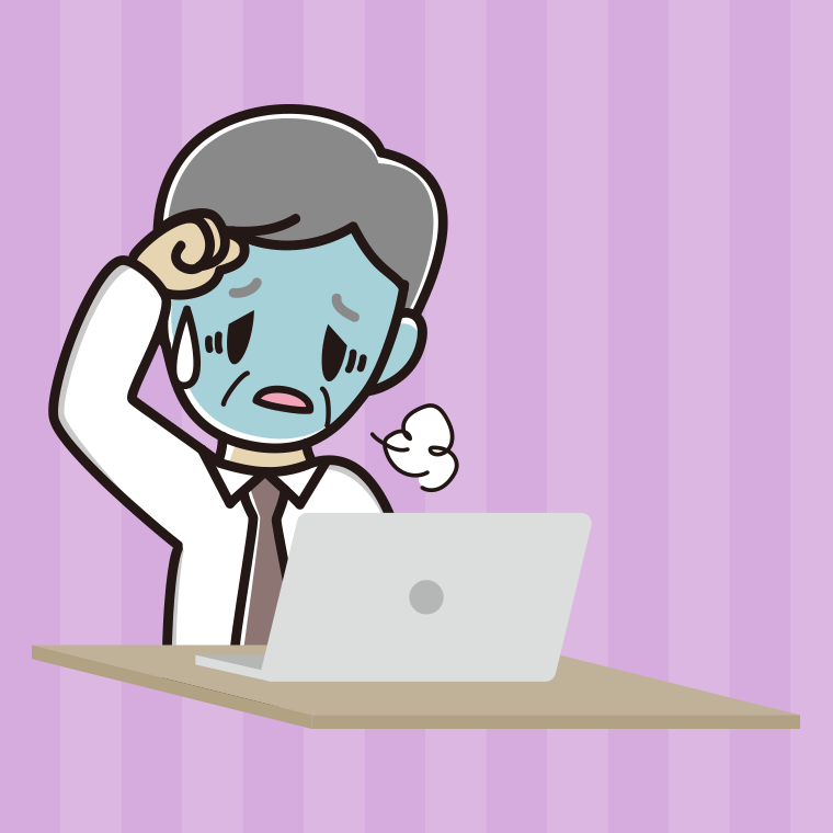 パソコン使用中に具合が悪い年配男性会社員（ワイシャツ）のイラスト【色、背景あり】PNG