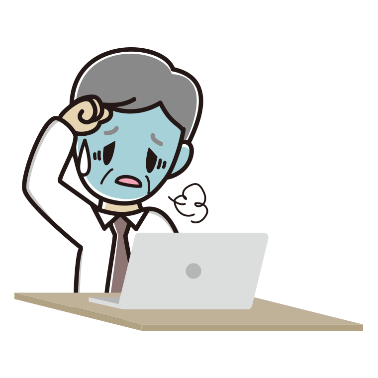 パソコン使用中に具合が悪い年配男性会社員（ワイシャツ）のイラスト【色あり、背景なし】透過PNG