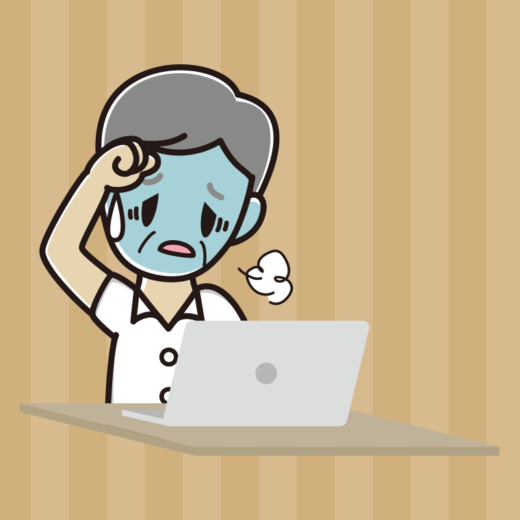 パソコン使用中に具合が悪い年配男性会社員（クールビズ）のイラスト【色、背景あり】PNG
