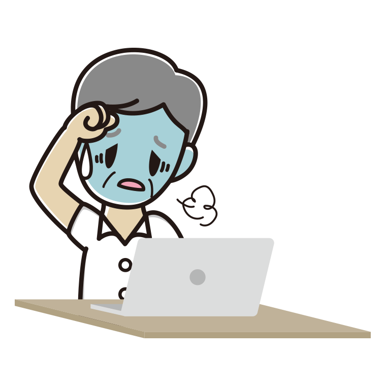 パソコン使用中に具合が悪い年配男性会社員（クールビズ）のイラスト【色あり、背景なし】透過PNG
