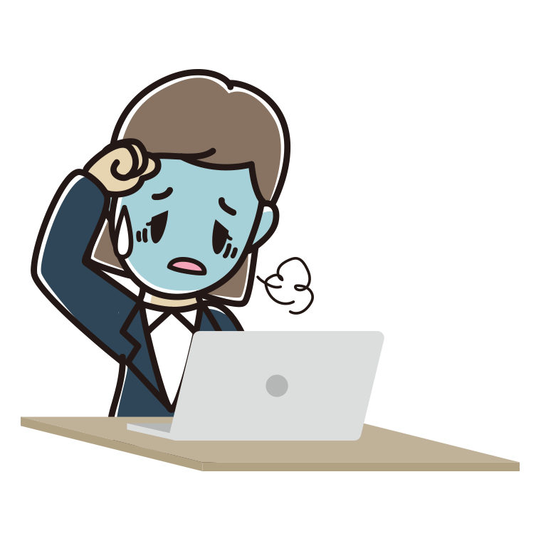 パソコン使用中に具合が悪い女性会社員のイラスト【色あり、背景なし】透過PNG
