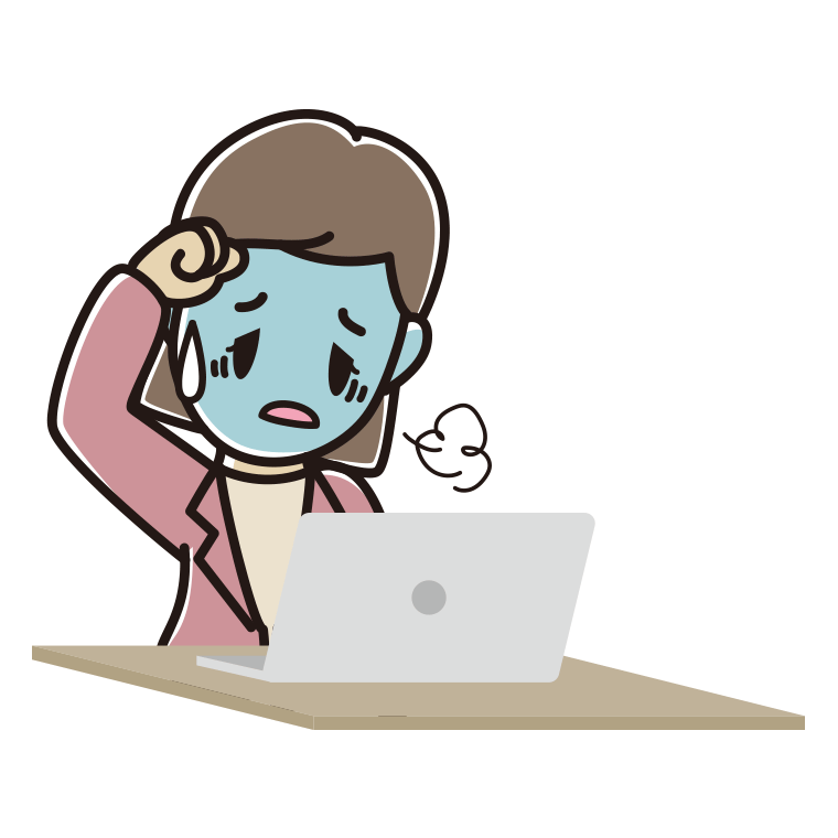 パソコン使用中に具合が悪い女性会社員（カジュアル）のイラスト【色あり、背景なし】透過PNG