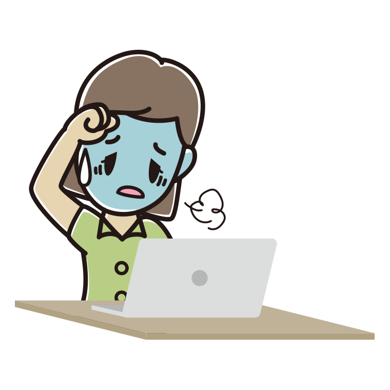パソコン使用中に具合が悪い女性会社員（クールビズ）のイラスト【色あり、背景なし】透過PNG