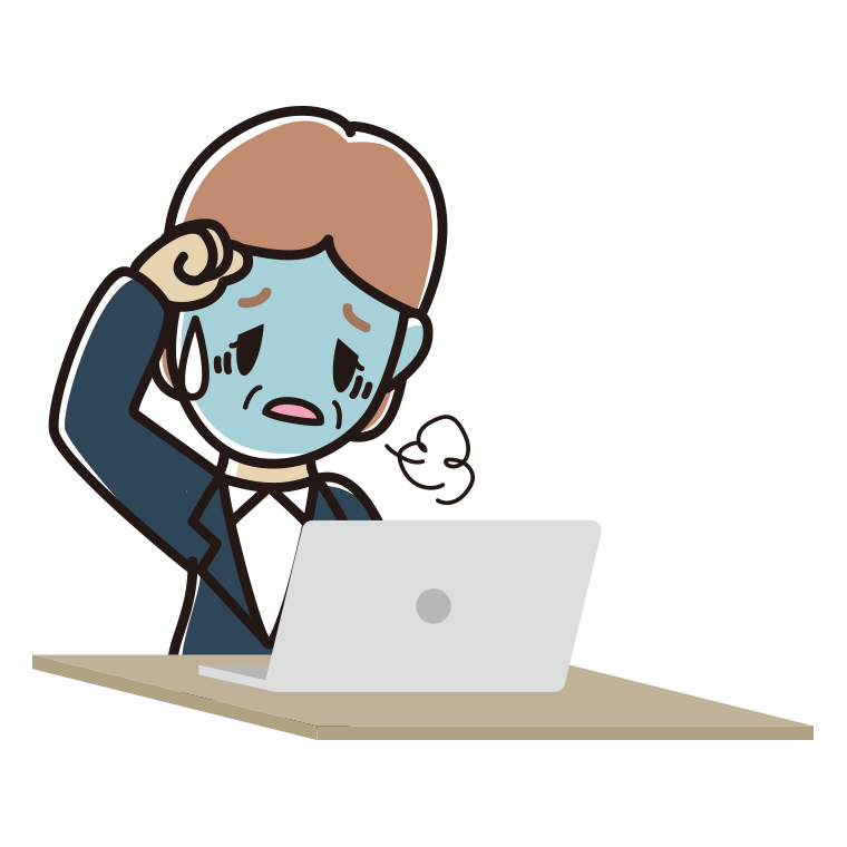 パソコン使用中に具合が悪い年配女性会社員のイラスト【色あり、背景なし】透過PNG
