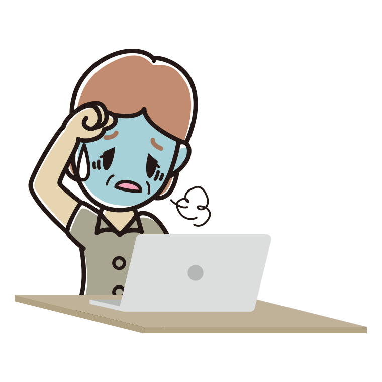 パソコン使用中に具合が悪い年配女性会社員（クールビズ）のイラスト【色あり、背景なし】透過PNG