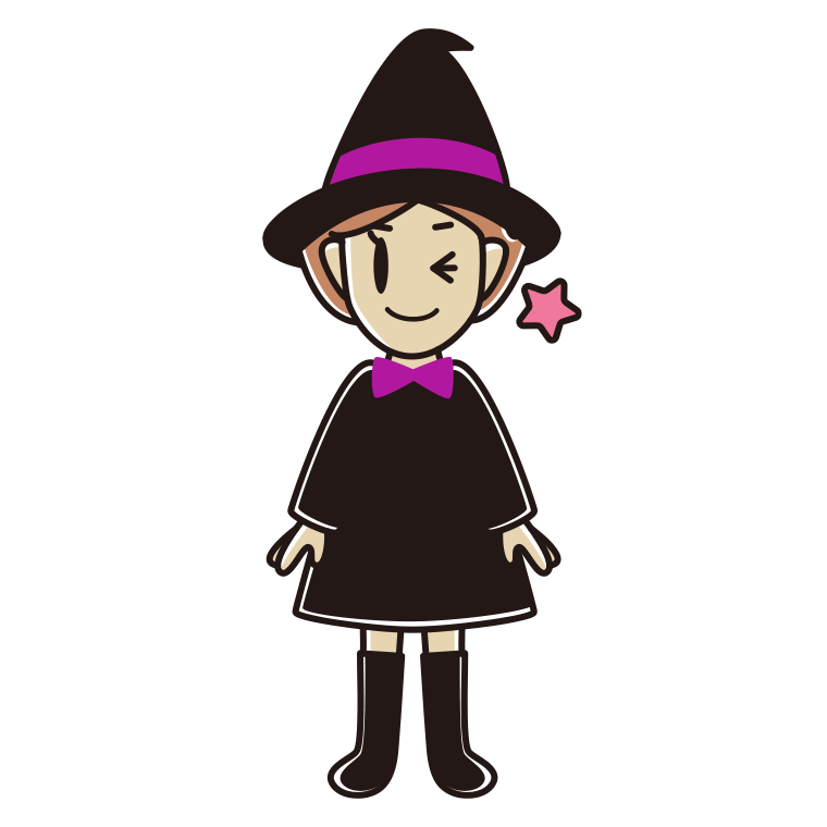 ウインクするハロウィンのコスプレ姿の女性のイラスト【色あり、背景なし】透過PNG