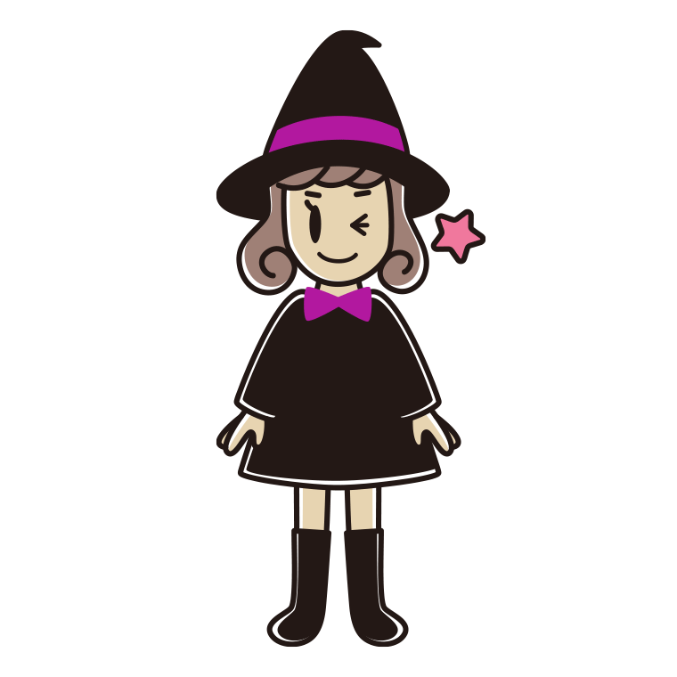 ウインクするハロウィンのコスプレ姿の女子大学生のイラスト【色あり、背景なし】透過PNG
