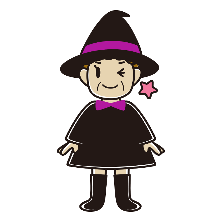 ウインクするハロウィンのコスプレ姿のおばさんのイラスト【色あり、背景なし】透過PNG