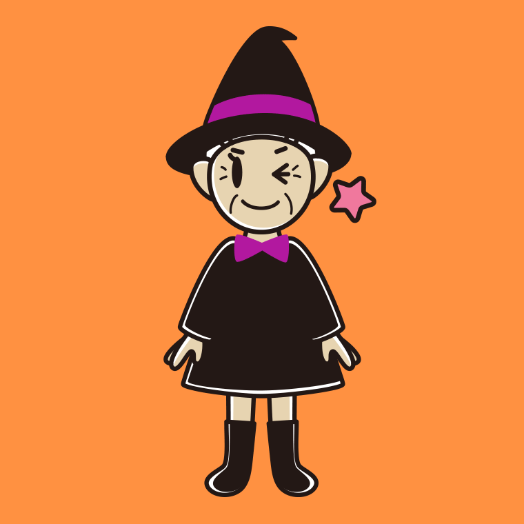 ウインクするハロウィンのコスプレ姿のおばあさんのイラスト【色、背景あり】PNG