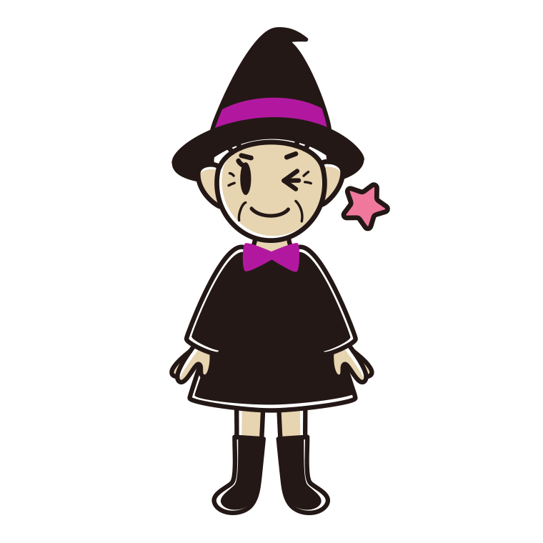ウインクするハロウィンのコスプレ姿のおばあさんのイラスト【色あり、背景なし】透過PNG