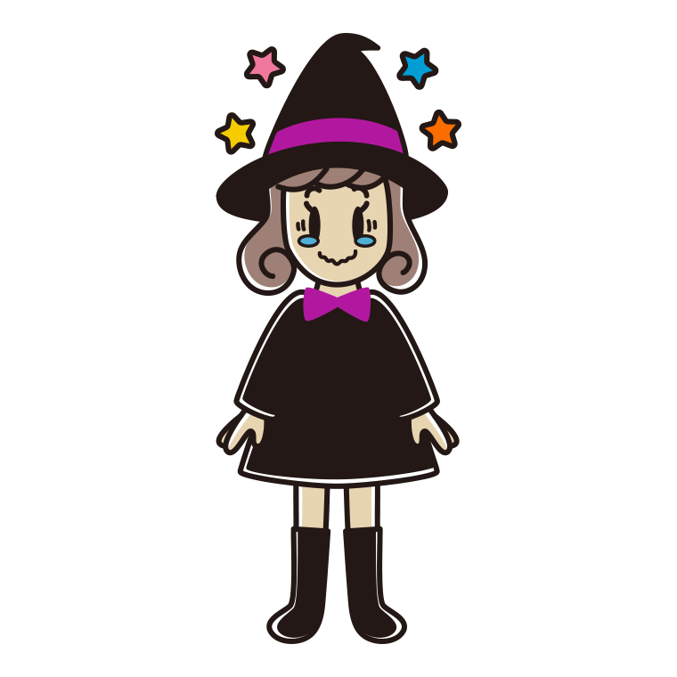 ジーンとするハロウィンのコスプレ姿の女子大学生のイラスト【色あり、背景なし】透過PNG
