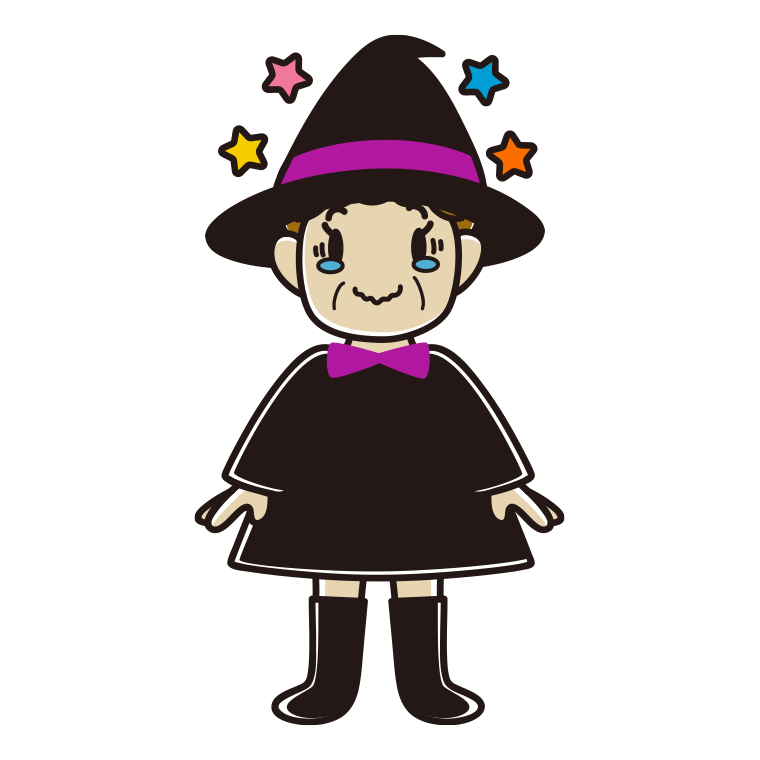 ジーンとするハロウィンのコスプレ姿のおばさんのイラスト【色あり、背景なし】透過PNG