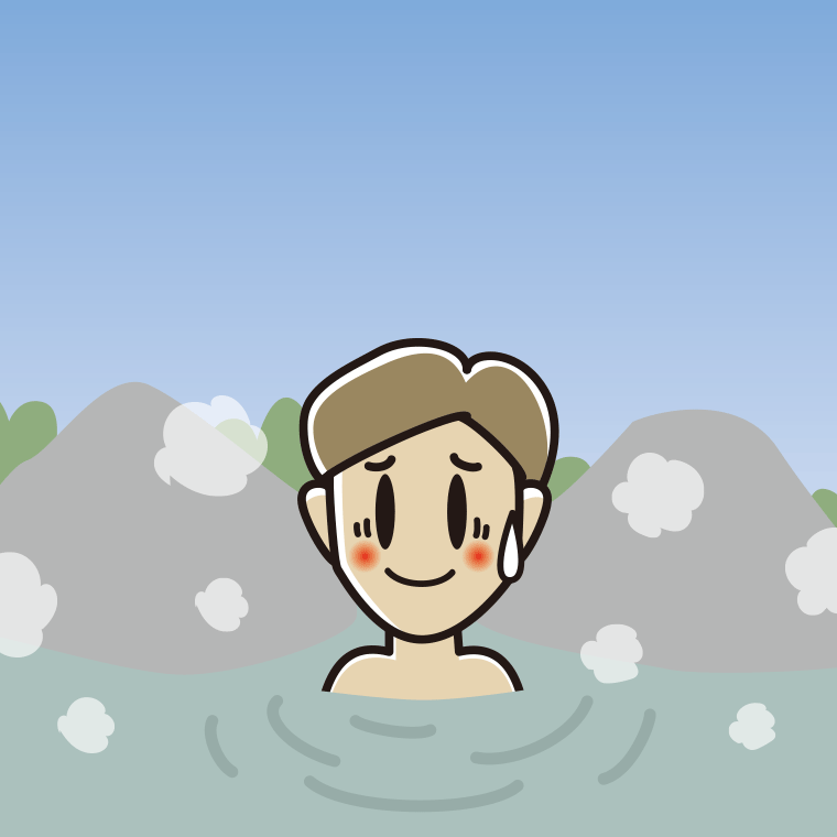 温泉で苦笑いする男性のイラスト【色、背景あり】PNG