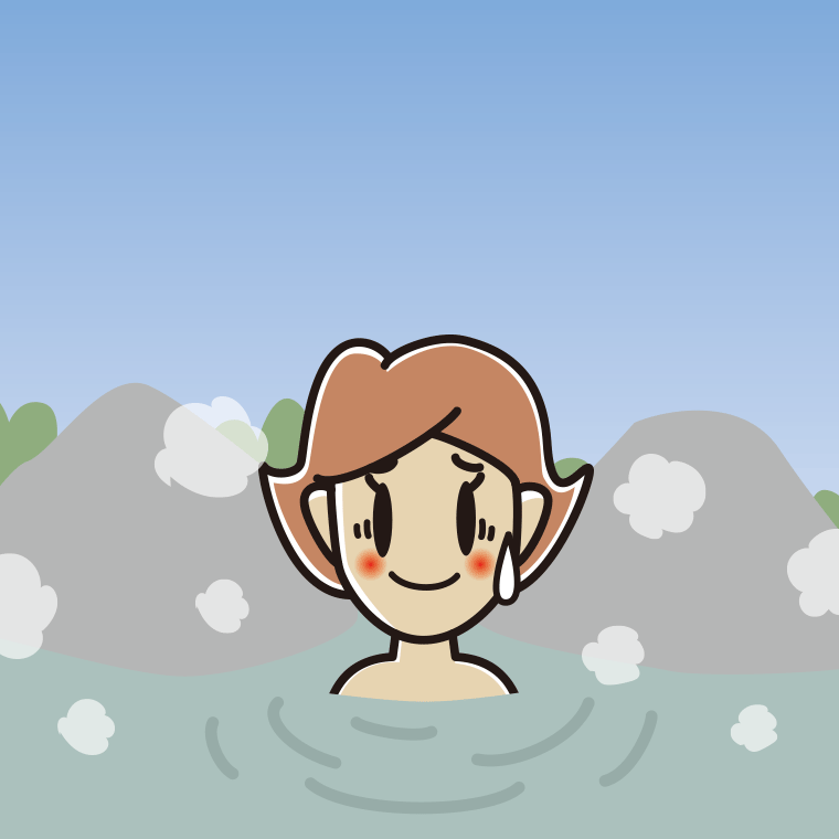 温泉で苦笑いする女性のイラスト【色、背景あり】PNG