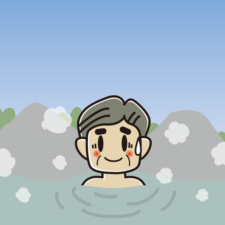温泉で苦笑いするおじさんのイラスト【色、背景あり】PNG